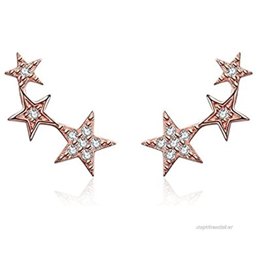 Qings 925 Sterling Silver Earrings Rose Gold Stars Style Stud Earrings with Cubic Zirconia Simulated Diamond Fashion Jewelry Gifts for Lady women Girls