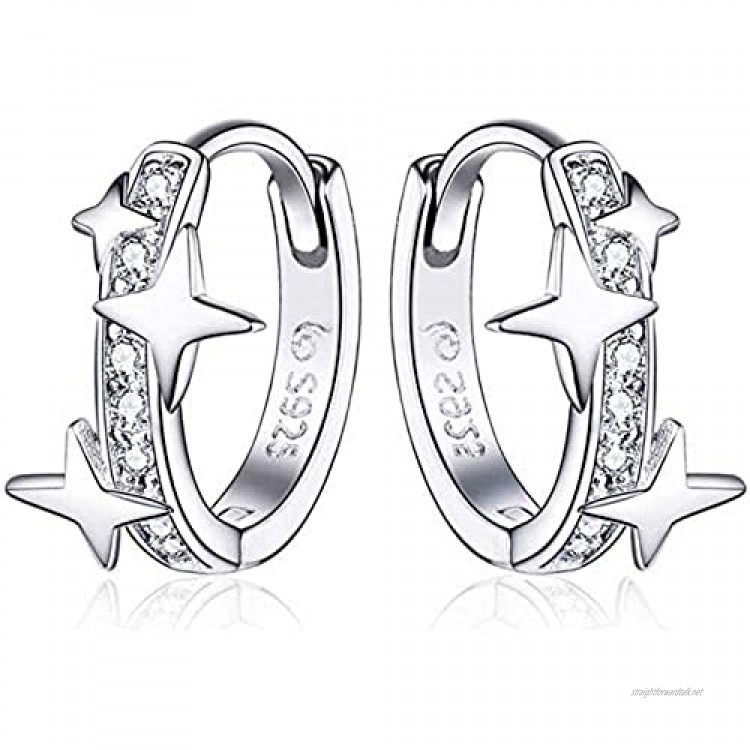 Qings Huggie Hoop Earrings 925 Sterling Silver Small Earrings with Stars Bling Cubic Zircons Gift for Women Girls