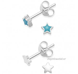 SET OF 2 PAIRS: Heather Needham Sterling Silver Star Earrings - Turquoise colour & plain silver - SIZE: TINY TEENY WEENY! 3mm. Gift Boxed 5572LB/5148