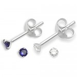 Set of 2 PAIRS Sterling Silver Cubic Zirconia stud Earrings - SIZE: TINY 2mm - Very Small & discreet - Teeny weeny Sapphire Blue & Clear studs. 5549DB/SET