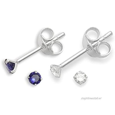 Set of 2 PAIRS Sterling Silver Cubic Zirconia stud Earrings - SIZE: TINY 2mm - Very Small & discreet - Teeny weeny Sapphire Blue & Clear studs. 5549DB/SET