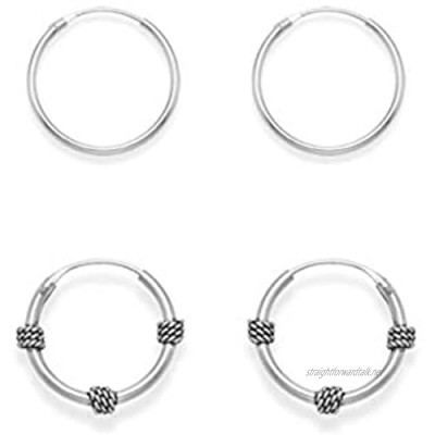 SET of 2 PAIRS Sterling Silver Hoop Earrings: 15mm Bali Hoops and 14mm (1/2 inch) Plain Hoops. Gift Boxed. MUCH SMALLER THAN SHOWN!!! 6207/SET