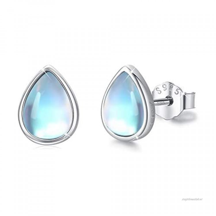 Water Drop Moonstone Earrings Natural Pure Birthstone Blue Eyes Teardrop Rainbow Moonstone Stud Earrings 925 Sterling Silver Hypoallergenic Earrings for Sensitive Ears