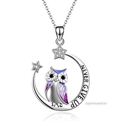 YFN Sterling Silver Owl Pendant Necklace Jewelry Gift Moon Star Never Give Up Inspiration Necklace for Women Girls