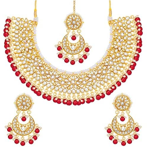 Aheli Faux Kundan Beads Strand Necklace Earrings Maang Tikka Bollywood Traditional Fashion Statement Jewelry Set for Women