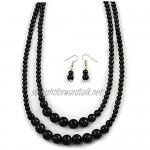 Avalaya 2 Strand Layered Black Graduated Ceramic Bead Necklace and Drop Earrings Set - 52cm L/ 4cm Ext