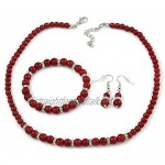 Avalaya 6mm/ 8mm Dark Red Ceramic Bead Necklace Flex Bracelet & Drop Earrings with Crystal Ring Set in Silver Tone - 43cm L/ 5cm Ext
