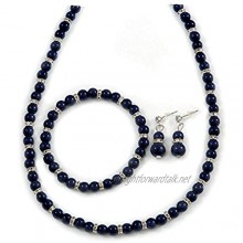Avalaya 6mm Dark Blue Ceramic Bead Necklace Flex Bracelet & Drop Earrings with Crystal Ring Set in Silver Tone - 42cm L/ 4cm Ext