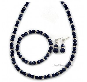 Avalaya 6mm Dark Blue Ceramic Bead Necklace Flex Bracelet & Drop Earrings with Crystal Ring Set in Silver Tone - 42cm L/ 4cm Ext