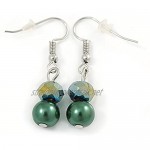 Avalaya 8mm Deep Green Glass Bead Necklace and Drop Earrings Set in Silver Tone - 40cm L/ 4cm Ext