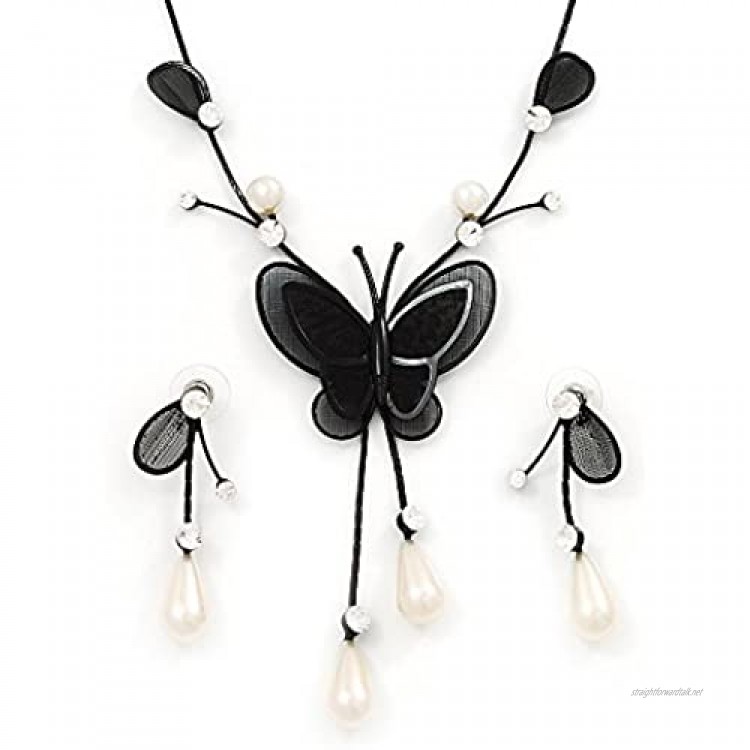 Avalaya Romantic Faux Pearl 'Butterfly' Necklace & Drop Earrings Set in Black Metal