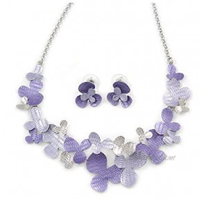 Avalaya Romantic Matt Purple Lavender Enamel Textured Floral Necklace & Stud Earrings in Rhodium Plated Metal - 39cm L/ 7cm Ext - Gift Boxed
