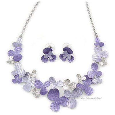 Avalaya Romantic Matt Purple Lavender Enamel Textured Floral Necklace & Stud Earrings in Rhodium Plated Metal - 39cm L/ 7cm Ext - Gift Boxed