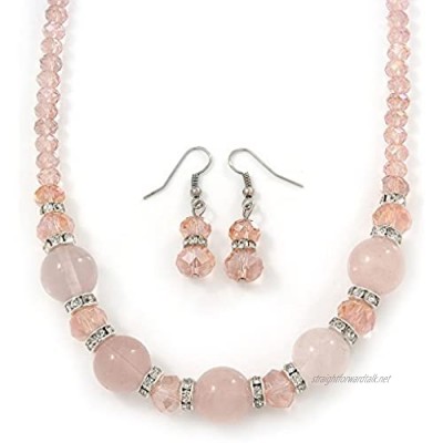 Avalaya Rose Quartz Pink Glass Bead Clear Crystal Ring Necklace & Drop Earrings in Silver Tone - 40cm Length/ 5cm Extension