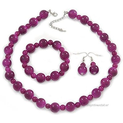 Avalaya Violet Purple Marble Colour Ceramic Bead Necklace Flex Bracelet & Drop Earrings Set in Silver Tone - 40cm L/ 5cm Ext