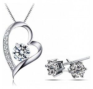 Besflily Jewellery Sets Silver Forever Love Heart Cubic Zirconia Crystal Pendant Necklace and Stud Earring Sets Gift for Women Girls