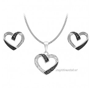 Carissima Gold 9ct White Gold 0.15ct Black White Diamonds Set of Heart Earrings and Pendant on Curb Chain Necklace of 46cm/18"