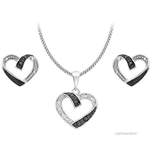 Carissima Gold 9ct White Gold 0.15ct Black White Diamonds Set of Heart Earrings and Pendant on Curb Chain Necklace of 46cm/18"