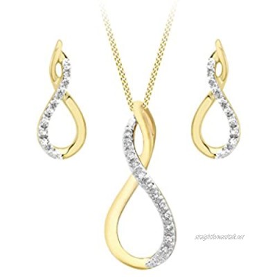 Carissima Gold 9ct Yellow Gold Diamond Figure 8 Drop Earrings and Pendant on Curb Chain Necklace of 46cm/18"