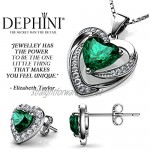 DEPHINI - Green Heart Necklace & Heart Earrings SET - 925 Sterling Silver - Crystal Studs & Pendant Birthstone- Fine Jewellery set for women - 18 Rhodium Plated Silver Chain - Cubic Zirconia