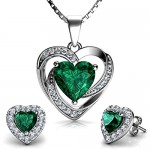 DEPHINI - Green Heart Necklace & Heart Earrings SET - 925 Sterling Silver - Crystal Studs & Pendant Birthstone- Fine Jewellery set for women - 18 Rhodium Plated Silver Chain - Cubic Zirconia