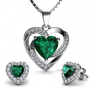 DEPHINI - Green Heart Necklace & Heart Earrings SET - 925 Sterling Silver - Crystal Studs & Pendant Birthstone- Fine Jewellery set for women - 18" Rhodium Plated Silver Chain - Cubic Zirconia