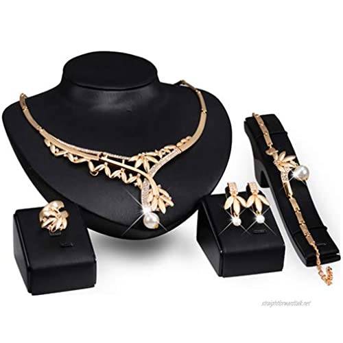 dragonaur-home decor Women Faux Pearl Rhinestone Leaf Pendant Choker Necklace Ring Earrings Bracelet Set Wedding Bridal Jewelry Set Random