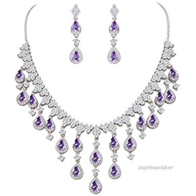 EVER FAITH Women's Cubic Zirconia Gorgeous Water Drop Dangle Necklace Earrings Set Silver-Tone