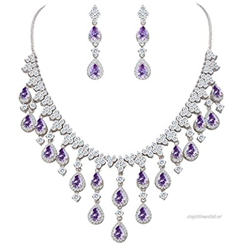 EVER FAITH Women's Cubic Zirconia Gorgeous Water Drop Dangle Necklace Earrings Set Silver-Tone