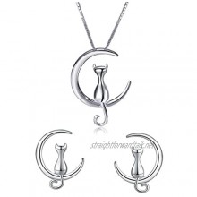 findout 925 sterling silver Cute Cat Love You on The Moon pendant necklace + earrings set with curb chain 18" gift for women girls (f1826)