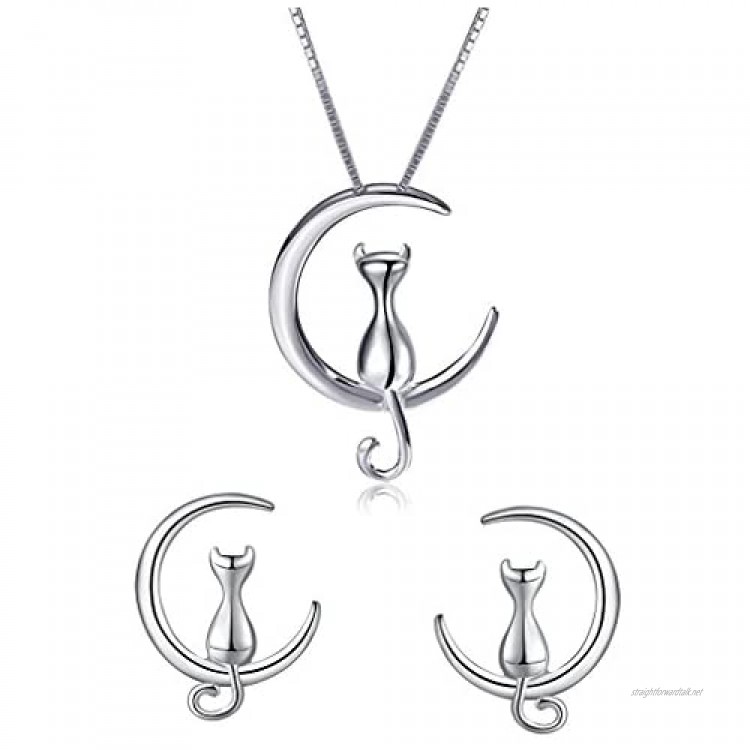 findout 925 sterling silver Cute Cat Love You on The Moon pendant necklace + earrings set with curb chain 18 gift for women girls (f1826)