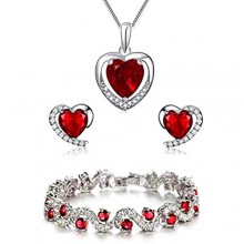 findout Amethyst red pink blue white Crystal Heart Silver pendant Necklace + earring+ bracelet set for women girls. (f497) (set 1)