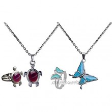 Harilla 2 Sets Stainless Steel Cute Butterfly and Turtle Pendant Ring - Color Change Mood Necklace Choker Emotion Jewelry Set
