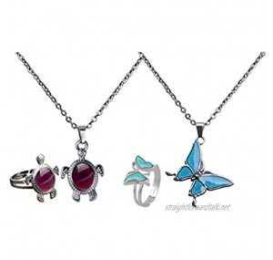 Harilla 2 Sets Stainless Steel Cute Butterfly and Turtle Pendant Ring - Color Change Mood Necklace Choker Emotion Jewelry Set