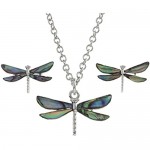 Kiara Jewellery Dragonfly Boxed Pendant Necklace And Stud Earring Set Inlaid With Natural Bluish Green Paua Abalone Shell on 18 Trace Chain. Non Tarnish Silver Colour Rhodium plated.