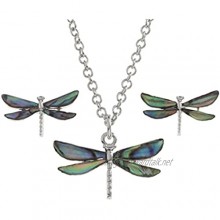 Kiara Jewellery Dragonfly Boxed Pendant Necklace And Stud Earring Set Inlaid With Natural Bluish Green Paua Abalone Shell on 18" Trace Chain. Non Tarnish Silver Colour Rhodium plated.