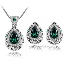 Klaritta Luxury Vintage Emerald Green Teardrop Jewellery Set Stud Earrings Necklace S587