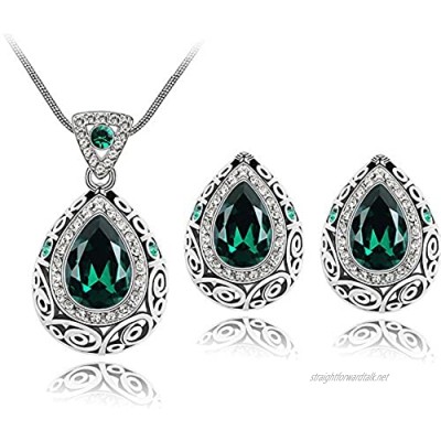 Klaritta Luxury Vintage Emerald Green Teardrop Jewellery Set Stud Earrings Necklace S587