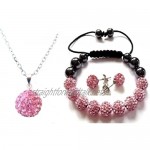 Premium Quality PINK Crystal Shamballa 10mm NECKLACE PENDANT MATCHING EARRINGS & BRACELET with 45cm 18 inch LINK Chain FREE ORGANZA BAG