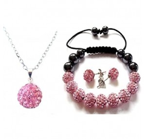Premium Quality PINK Crystal Shamballa 10mm NECKLACE PENDANT MATCHING EARRINGS & BRACELET with 45cm 18 inch LINK Chain FREE ORGANZA BAG
