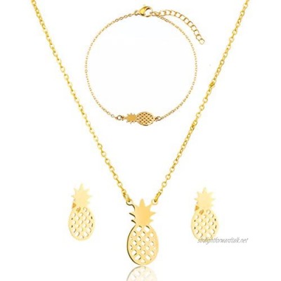 SKQIR Pineapple Necklace Womens Tiny Handmade Stainless Steel Pineapple Jewelry Sets(Earrings+Bracelets+Necklaces Jewelry Set)