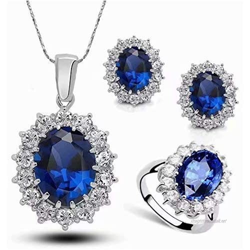 Stayeal Women Princess Blue Sapphire Pendant Necklace Earrings Ring Set