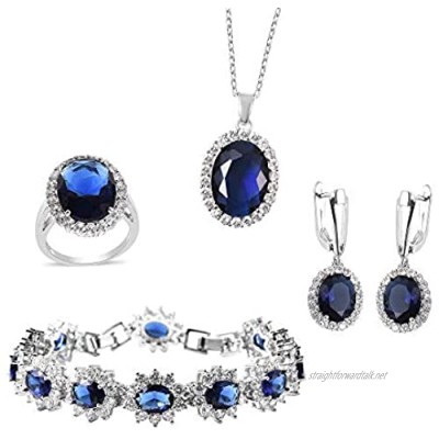 TJC Halo Teninis Jewellery Set for Womens Size N 20 Inches 8 Inches Blue Glass and Simulated White Cubic Zirconia