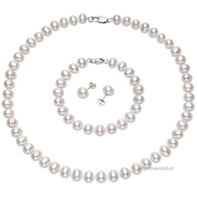 TreasureBay Snow White 7mm Natural Freshwater Pearl Necklace and Bracelet set