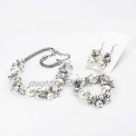Womens Jewellery Set - Designer Silver Statement Clear Crystal and Cream Faux Pearls Fashion Set - Necklace Bracelet and Earrings - Perfect Gifts for Women