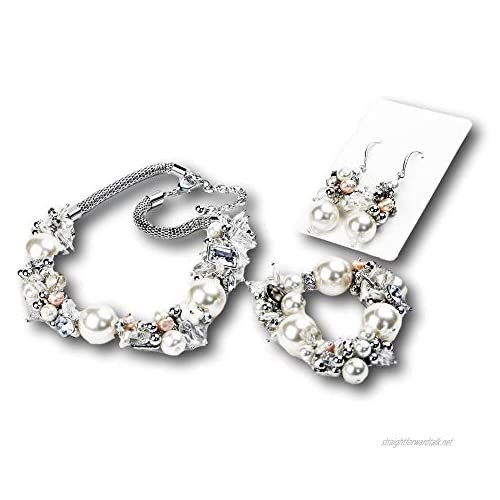 Womens Jewellery Set - Designer Silver Statement Clear Crystal and Cream Faux Pearls Fashion Set - Necklace Bracelet and Earrings - Perfect Gifts for Women