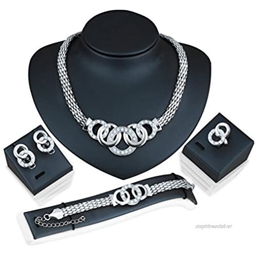 YAZILIND Silver Plated Chunky Bib Necklace Stud Earrings Bracelet Ring Women Jewelry Set Interlocking Sparkling Shiny Gift