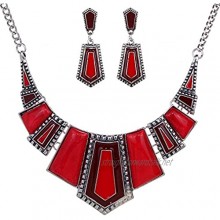 YAZILIND Vintage Ethnic Red Tibetan Silver Irregular Rhinestone Bib Collar Earrings Necklace Jewelry Set Ladies