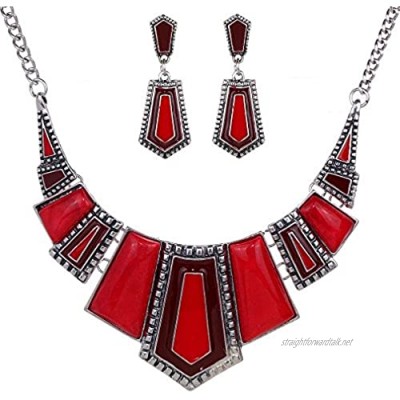 YAZILIND Vintage Ethnic Red Tibetan Silver Irregular Rhinestone Bib Collar Earrings Necklace Jewelry Set Ladies