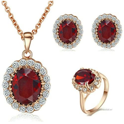 Yoursfs Red Ruby Jewellery Sets for Women Wedding 18ct Rose Gold Plated Crystal Pendant Necklace and Earrings and Ring Set